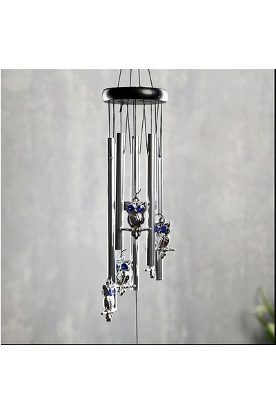 PUFO Clopoțel de vânt cu 5 tuburi sonore metalice pentru casă sau grădină, model Feng-Shui cu 6 bufnițe