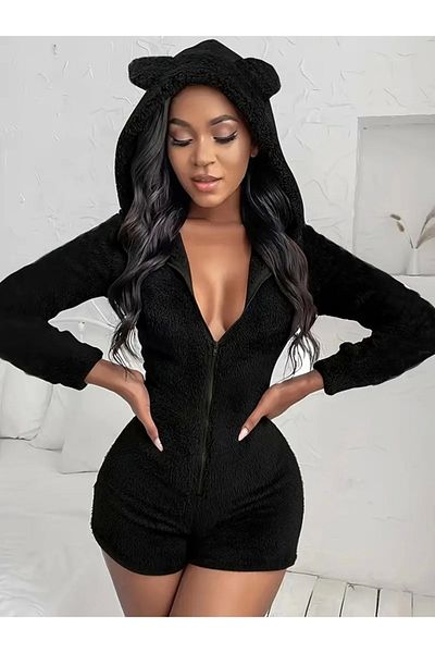 TKLC Women's Long Sleeve Hoodie and Zipper Detailed Plush Shorts Jumpsuit