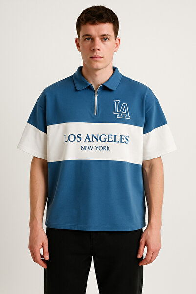 Altamira Tricou unisex cu fermoar cu guler polo oversize cu imprimeu Los Ange...