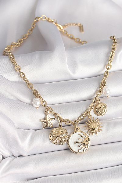 Skygo 316L Steel Gold Color White Enamel Sunset Figure Star Sun Detail Women's Necklace - Tj-Bko9912