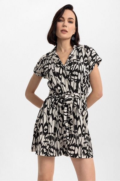 Evermade Abstract Patterned Belted Short Shorts Jumpsuit