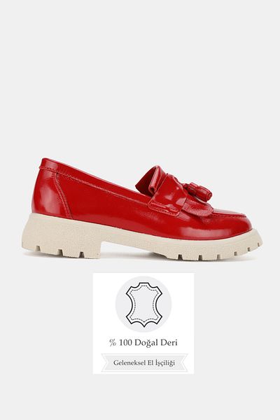 TUNAELLİ Women's Red Patent Leather Genuine Natural Leather Number 36-41 Tassel Loafer Shoes