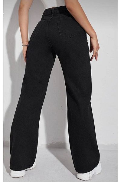CİHAN PAPEL Extra High Waist Lycra Black Loose Palazzo Wide Leg Jean Trousers