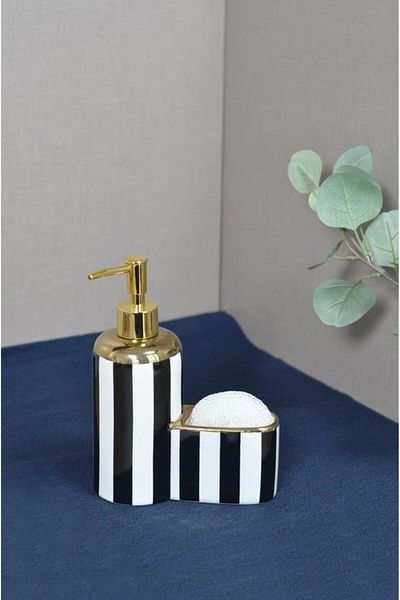 ALBETTO Porcelain Liquid Soap Dispenser with Sponge Holder Compartment 400ml Black Gilded 40129