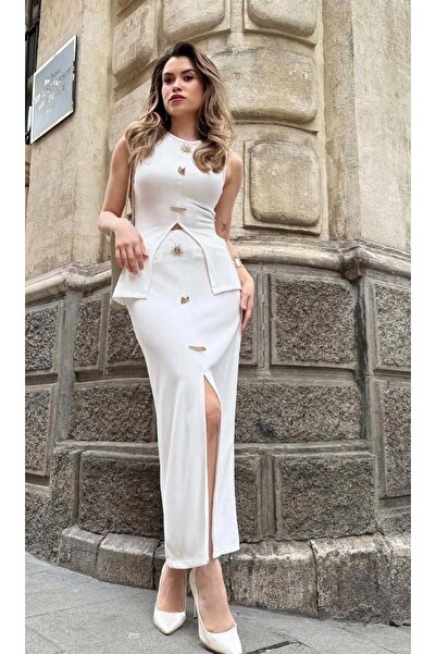 PEUR COLLECTION Triko Gold Düğmeli Etek-BEYAZ - S