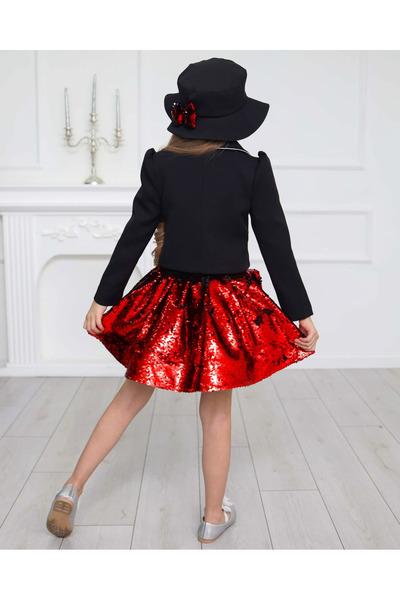 ugurbocegicocukdunyası UĞURBÖCEĞİÇOCUK Şapkalı Ve Tokalı Pul Payetli Kız Çocuk Etek T-shirt Ceket 5'Li mezuniyet takım