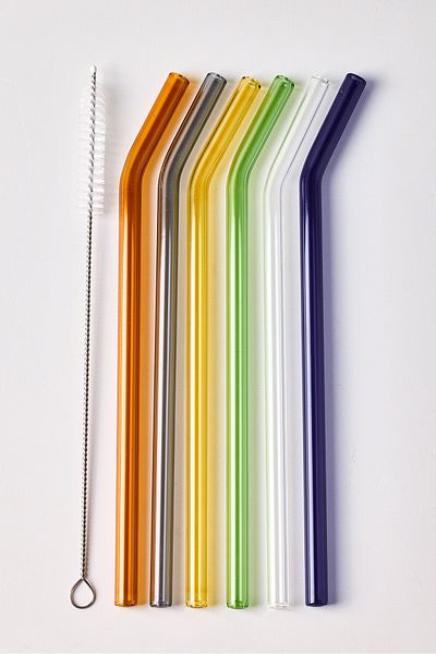Perotti Straw 6 Colorful Glass Curved Heat Resistant (Borosilicate) Straws and 1 Pipette Cleaning Brush