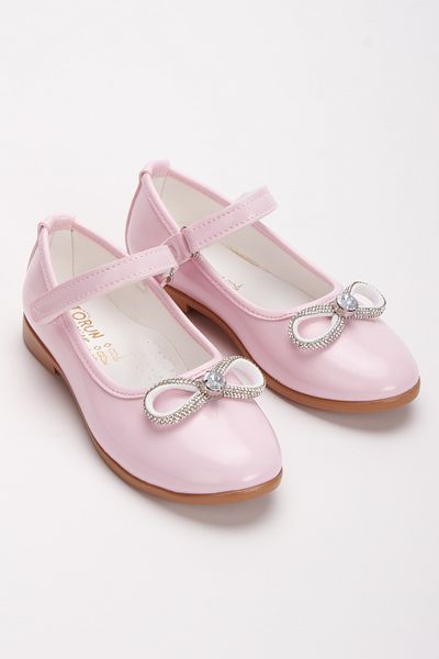 Lideral Powder Pink Color Girl's Ballerina Shoes with Stone Bow Ballerina Girl's Orthopedic Pink Ballerina Shoes
