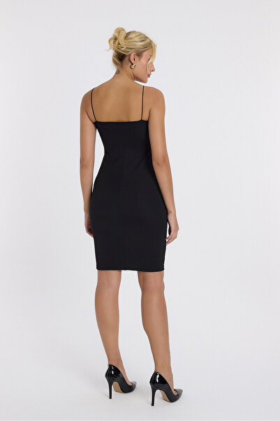 Lava Butik Siyah Peluş Tüy Detaylı Siyah Elbise Scuba Kumaş Gece Elbise