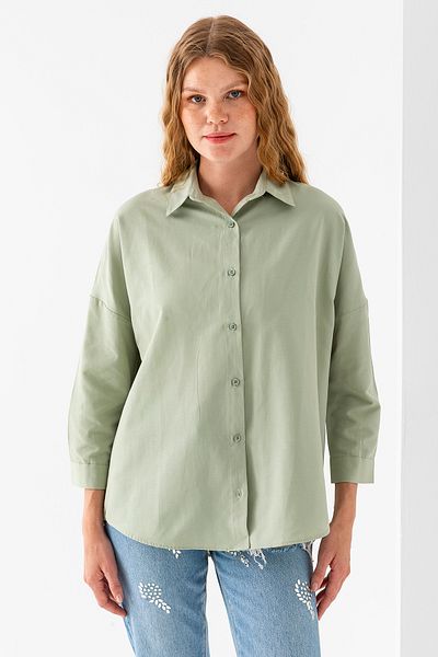 GİYSA Cămașă oversize din bumbac de bază cu mânecă lungă, verde, pentru femei - 3900