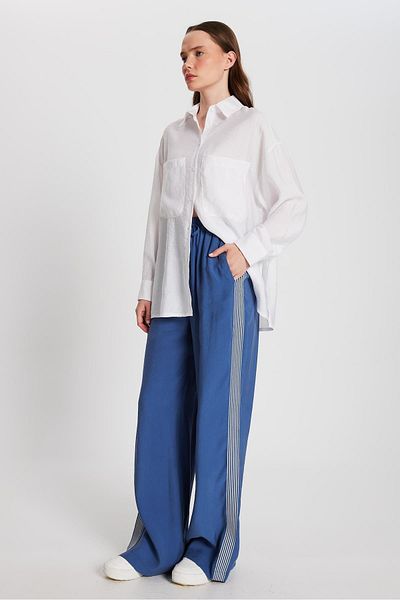 minaaise Women's Indigo 100% Modal Loose Cut Side Striped Trousers 29139