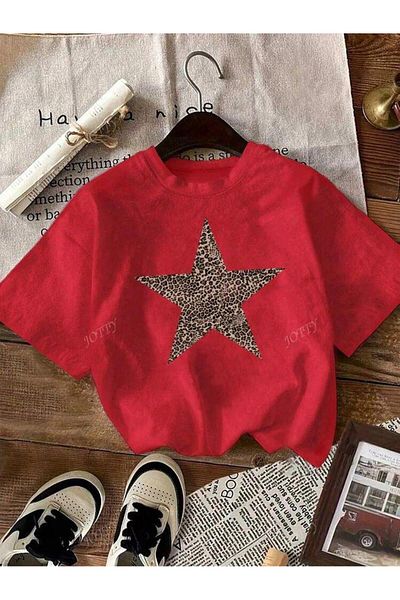 SEDA IŞIKLAR Unisex Women-Men Star Leopard Print Oversized T-Shirt
