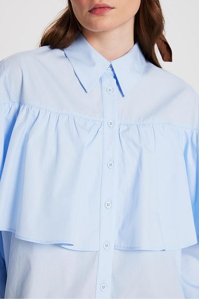 minaaise Cămașă de damă, albastră, din bumbac, cu volane, cu croială largă 29136