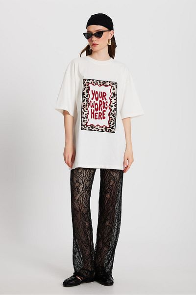 minaaise Women's Ecru Oversize Embroidered T-Shirt 29160