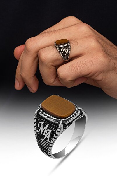 ALYANSEVİM Kaplan Gözü Taşlı Harfli 925 Gümüş Yüzük