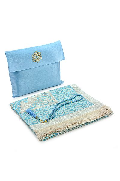 ihvanonline Gift Slub Bag, Prayer Beads, Dowry Prayer Rug Set Blue