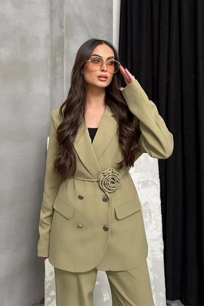 buqre's moda Women's Two-Piece Blazer Jacket Pants Suit Accessories Rose and Button Detail Loose Wide Leg