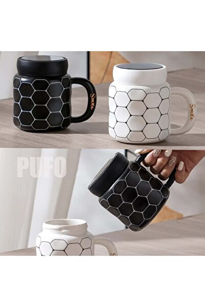 PUFO Simply Smile ceramic mug with lid for coffee or tea, 400 ml, black