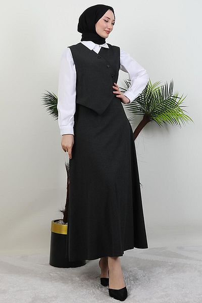 GİYZAMİLA Skirted Asymmetrical Suit Dark Gray