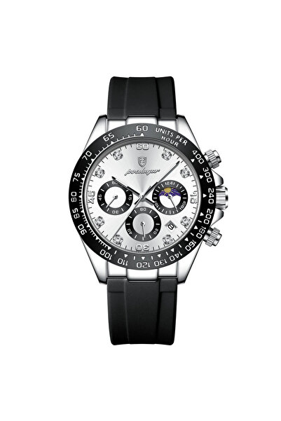 POEDAGAR Мъжки часовник Poedagar, силиконова каишка, черно-сребрист, бял цифе...