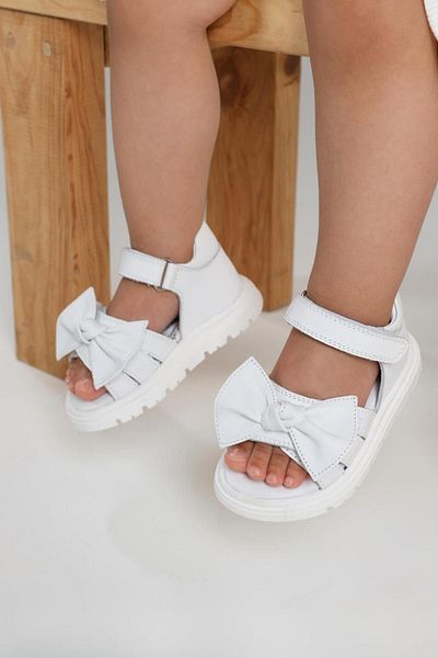 kids A more Katty Genuine Leather Baby Girl Sandals - White with Double Velcro and Bow Detail