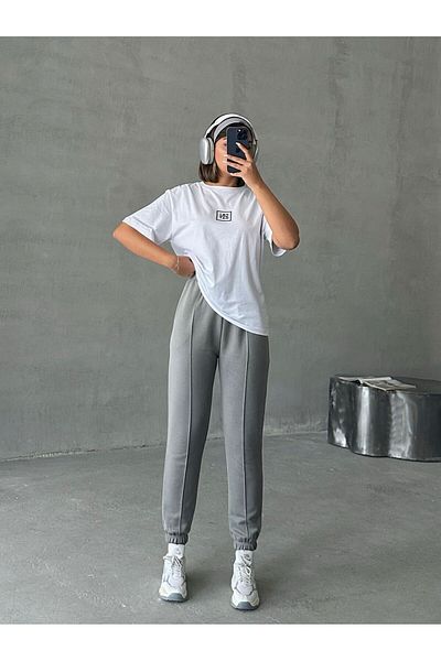 Cappmoda Tkm-0047 Painting Gray Friday Written Injection Print Crew Neck T-Shirt Label Detail Waist Elastic Jo