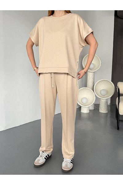 Cappmoda TKM-1114 Μπεζ Χρώμα Modal Υφασμάτινη Μπλούζα Κοντομάνικη Μπλούζα Καρότο Μοντέλο Χλοοτάπητα Κάτω Διπλό Σετ