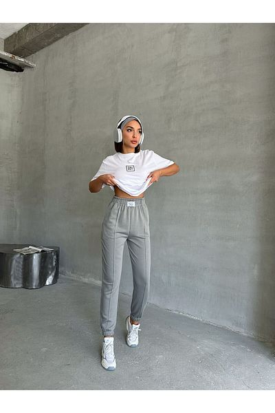Cappmoda Tkm-0047 Painting Gray Friday Written Injection Print Crew Neck T-Shirt Label Detail Waist Elastic Jo