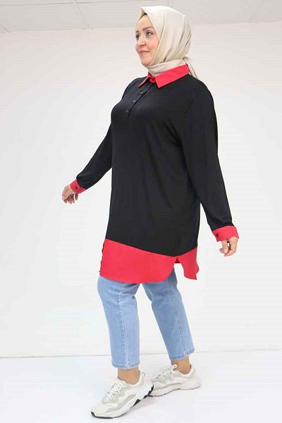 Eslina 58035 Large Size Combination Combed Cotton Tunic - Black-Red