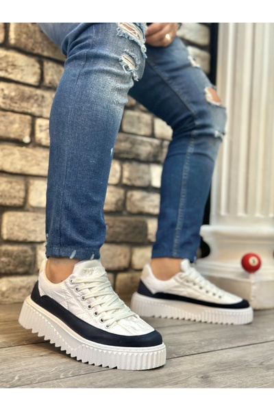 pabucmarketi Lace-Up Parachute Fabric Men's Sports Shoes White Navy Blue (Whi...