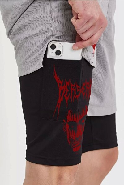 Genel Markalar Unisex Baskılı İç Cepli Sporcu Alt Taytlı Şort - Gri