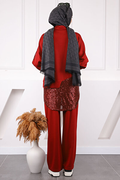 İmajButik Burgundy Sequin Detailed Tunic Trousers Suit