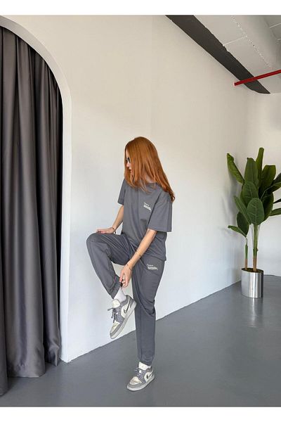 Cappmoda Tkm-0041 Smoked Eco Basic Line Written Injection Print Crew Neck T-Shirt Elastic Waist Jogger