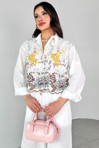 Cappmoda TKM-13285 Cămașă cu broderie florală din in alb Pantaloni largi cu talie elastică Set din două piese