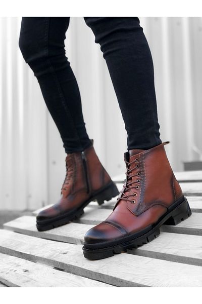 pabucmarketi Zippered Lacing Detailed Inside and Outside Genuine Leather Men's Boots Brown