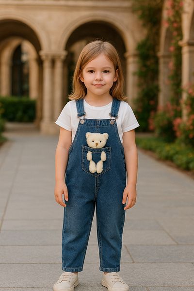 BEREKET BABY Girl's Denim Overalls with Plush Teddy Bear Pocket and Suspender – Comfortable and Fun Design