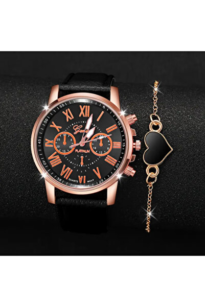 Geneva Kadın Siyah Şık Roma Rakamlı Kol Saati ve Bileklik Seti