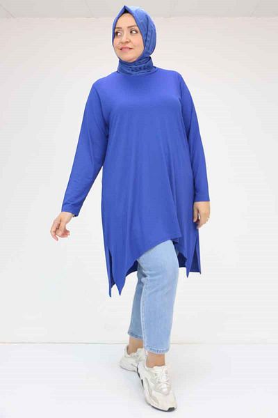 Eslina 58070 Large Size Asymmetrical Cut Combed Cotton Tunic - Indigo