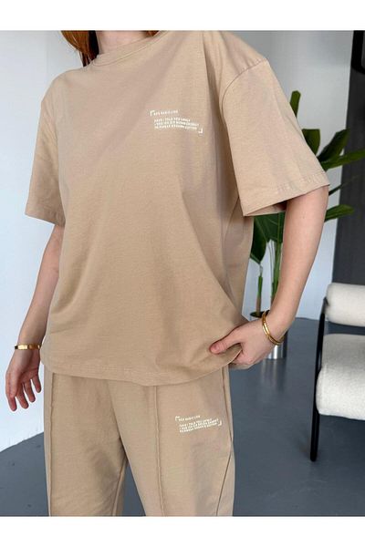 Cappmoda TKM-0041 Mink Eco Basic Line Written Injection Print Μπλουζάκι με λαιμόκοψη με ελαστική μέση Jogge