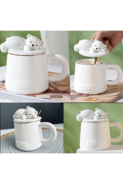 PUFO Sleepy Bear ceramic mug with lid and spoon for coffee or tea, 320 ml, white