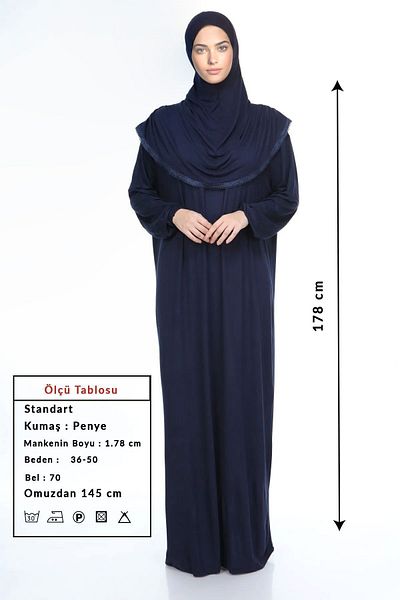 Sonbaharmoda Φόρεμα προσευχής Navy Blue Hijab Cotton Lace Prayer - Μονοκόμματο χτενισμένο βαμβάκι