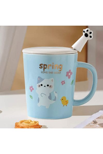 PUFO Cană ceramică cu capac și linguriță Pufo Love Kitty pentru cafea sau ceai, 250 ml, albastră