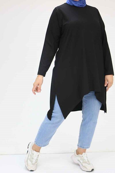 Eslina 58070 Large Size Asymmetrical Cut Combed Cotton Tunic - Black