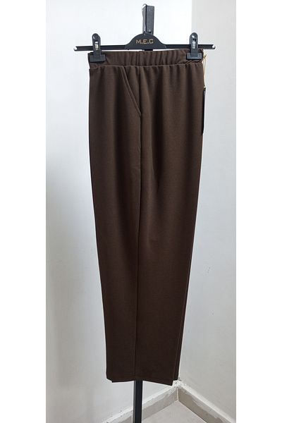 AKŞEN GİYİM Plus Size High Waist Lycra Crepe Fabric Brown Mom Pants