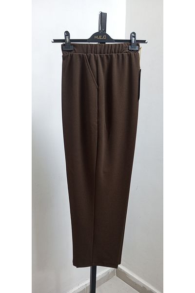 AKŞEN GİYİM Plus Size High Waist Lycra Crepe Fabric Brown Mom Pants