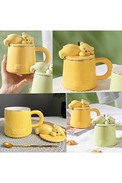PUFO Sleepy Bear ceramic mug with lid and spoon for coffee or tea, 320 ml, yellow