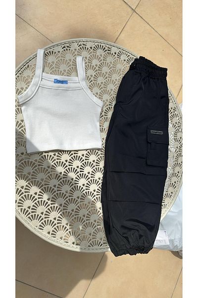 Magu Girl's Cotton Beige Cargo Pants Suit - Crop Tank Top