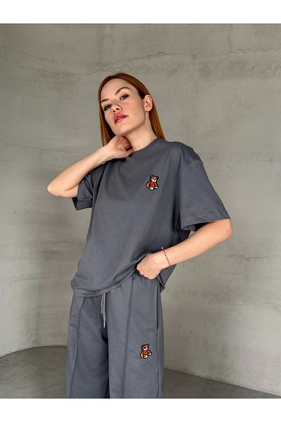 Cappmoda Tkm-0053 Smoked Teddy Bear Pattern Embroidered Crew Neck T-Shirt Waist Tie Grass Palazzo Pants Double