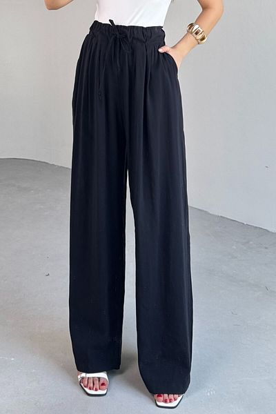 Cappmoda Pnt-07418 Black Elastic Waist Tied Casual Trousers