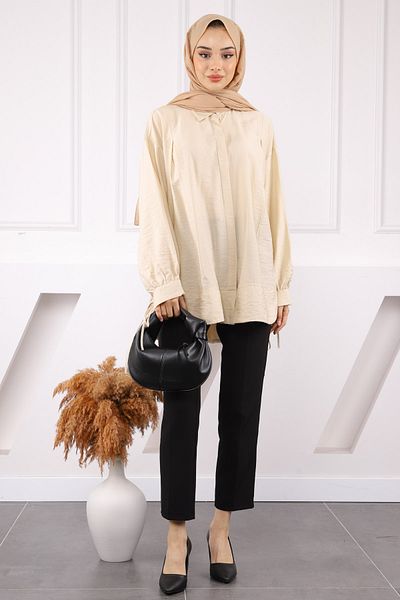 İmajButik Μπεζ μανίκι δεμένο casual πουκάμισο